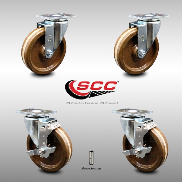 5 Inch SS High Temp Phenolic Swivel Top Plate Caster Set with 2 Brakes SCC